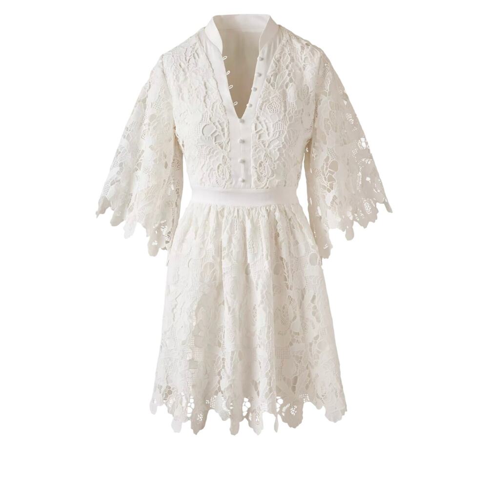 Boston Proper White Floral Lace Button-Front Mini Dress Long Sleeve Size XL NWT